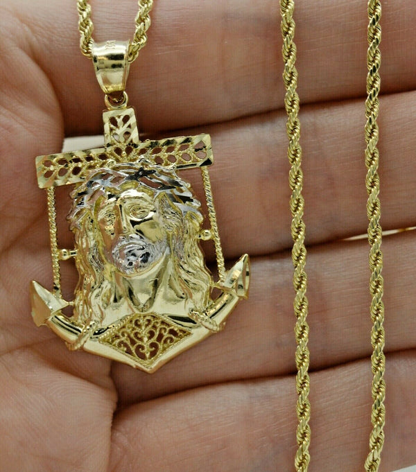 Real 10K Yellow Gold Jesus Head Anchor Diamond Cut Pendant 2.7g + Chain 16"-24"