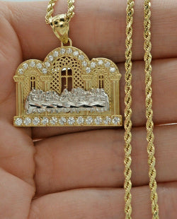 Real 10K Yellow Gold CZ Last Supper Diamond Cut Pendant + Rope Chain 16"-24"