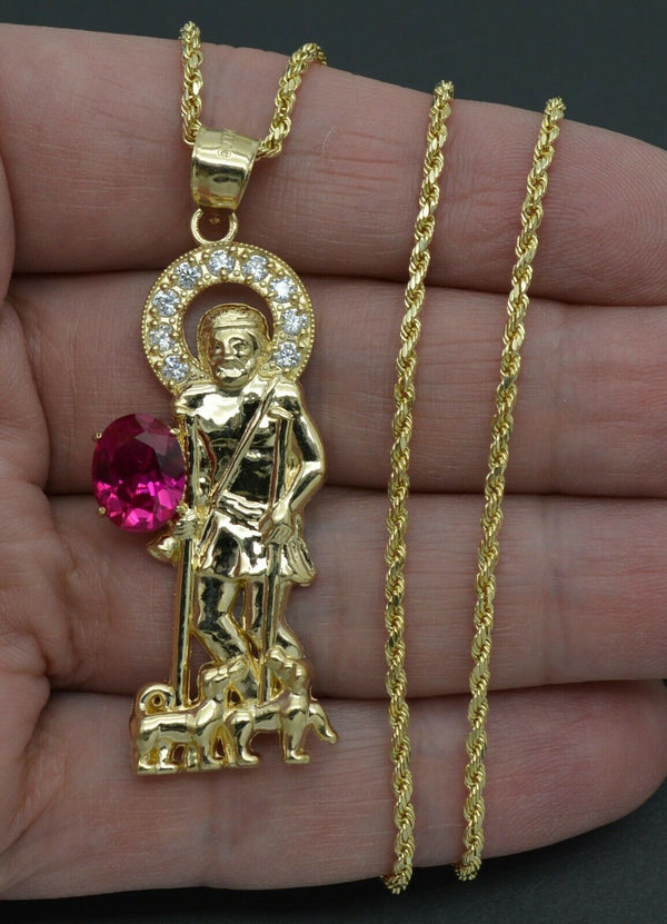 Real 10K Yellow Gold St. Lazarus Religious CZ Pendant 5.6 gr + Chain 16"-24"