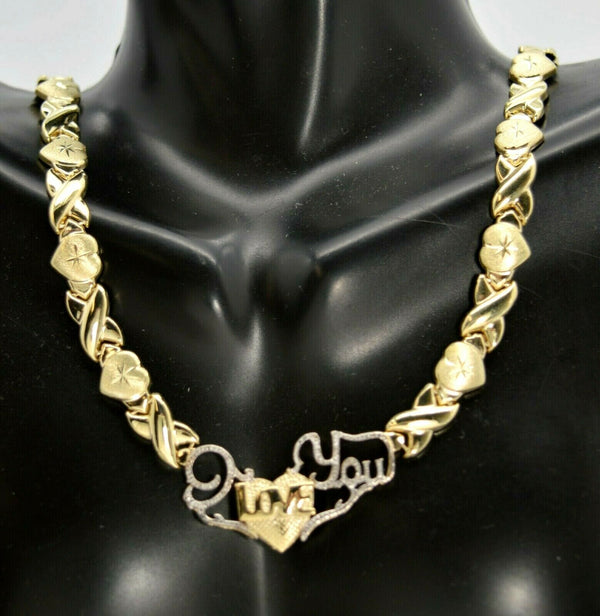 Real 10k Yellow Gold "hugs & Kisses" X & Hearts "I Love You" Necklace 8mm 21"