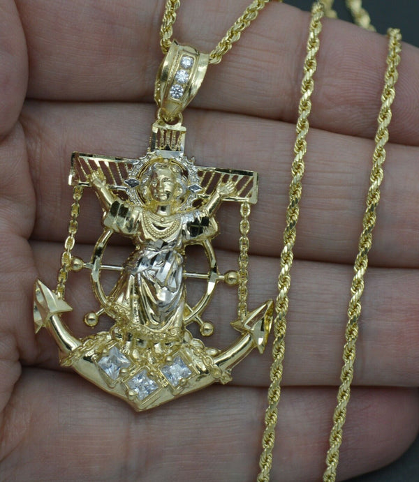 Real 10K Yellow Gold Baby Jesus Anchor Pendant Diamond Cut 5.2gr + Chain 16"-24"