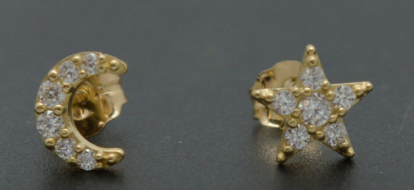 Real 14K Yellow-White-Rose Gold CZ Moon And Star Stud Earrings