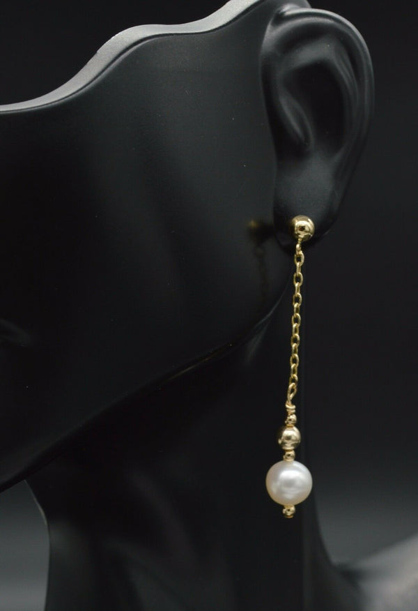 New 14K Solid Gold 7mmCultured White Pearl Drop/Dangle Earrings