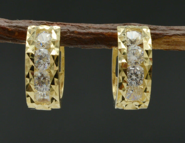 14K Solid Yellow Gold 1.00ct Created Diamond Huggie Hoop Diamond Cut Earrings