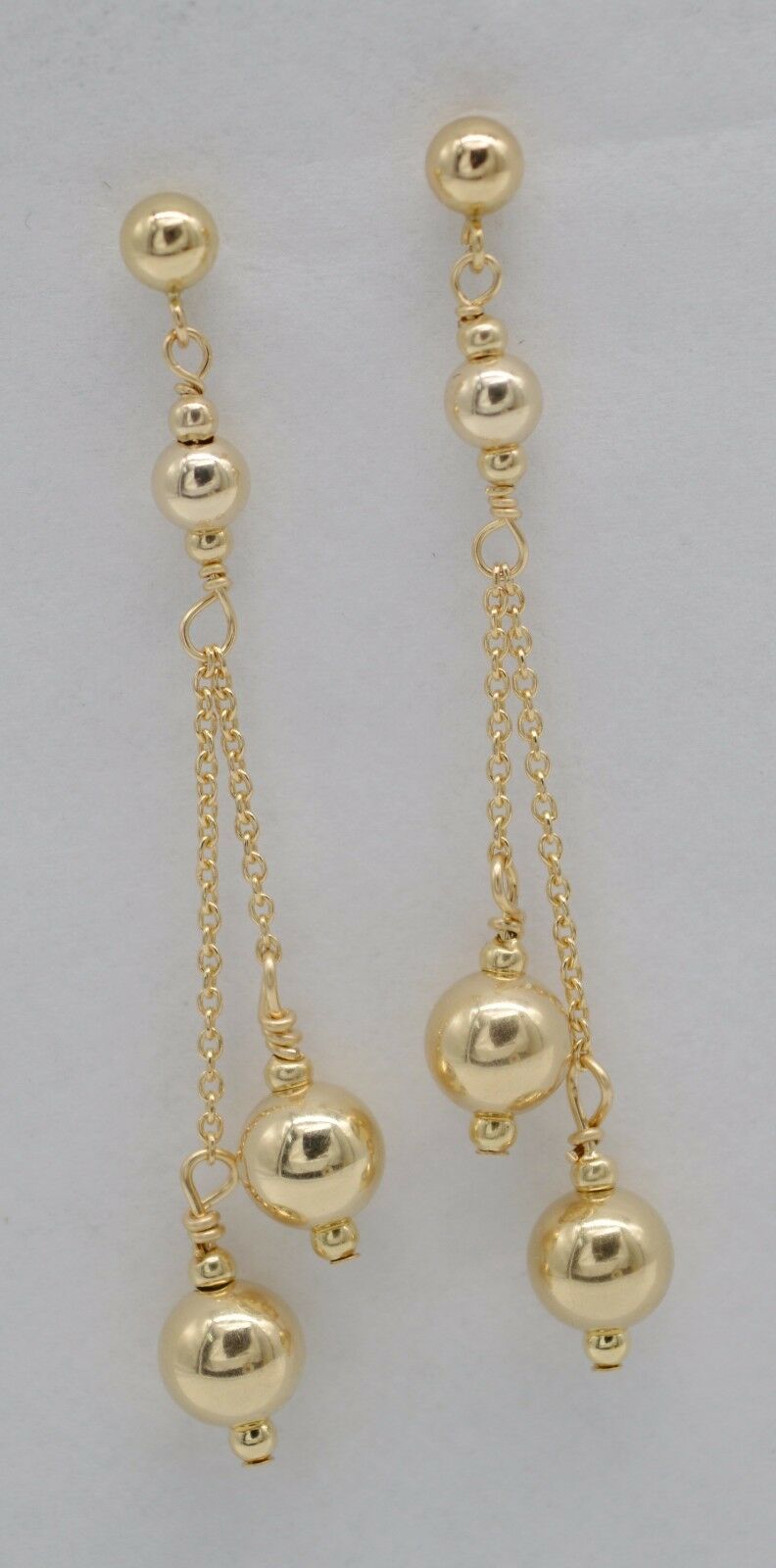 New 14K Solid Yellow Gold Round Double Bead Drop/Dangle Earrings