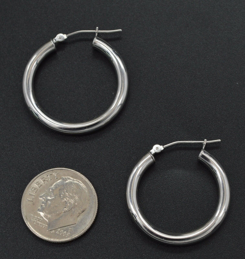 14k Solid White Gold Plain Round hoop Earrings. 25mm x2MM