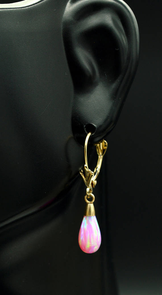 14K Solid Yellow Gold Tear Drop Pink Fire Opal Leverback Dangle Earrings