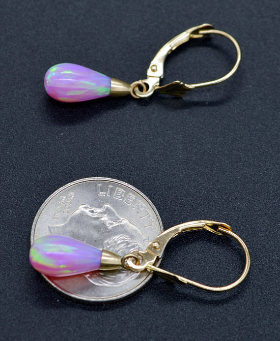 14K Solid Yellow Gold Tear Drop Pink Fire Opal Leverback Dangle Earrings