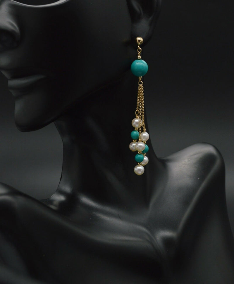 New 14K Solid Gold Natural Turquoise & Pearl Chandelier Dangle Earrings