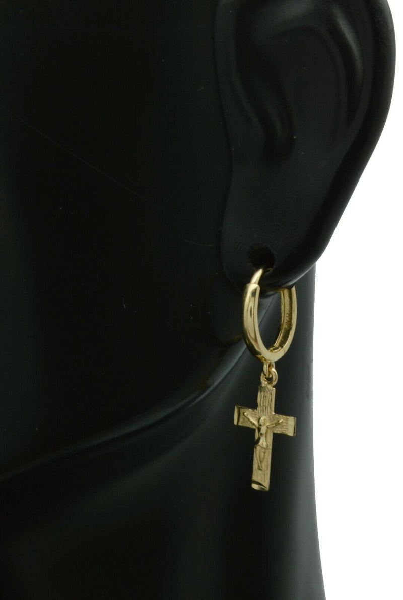 14k Yellow Solid Gold Dangle Cross Charm Huggie hoop Earrings