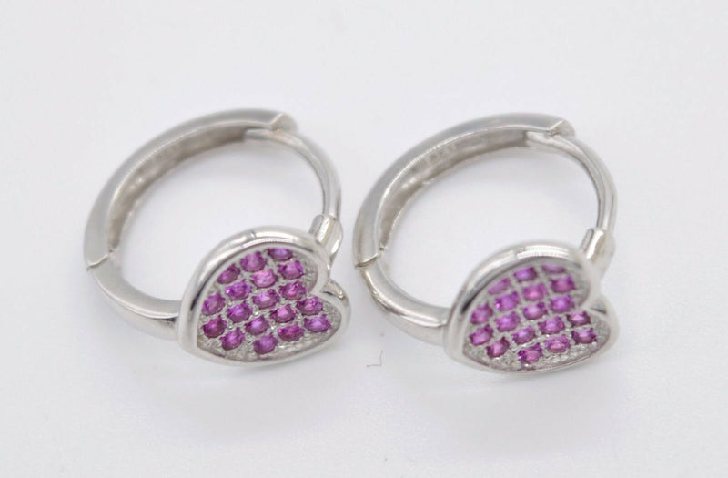 JM03 14K Solid White Gold 12mm Heart Pink Cubic Zirconia(CZ) Hoop Earrings