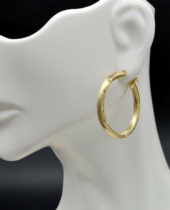 10k Solid Yellow Gold Large hoop Diamond Cut Earrings 1.1/4'' 30mm x4MM 2.9GR