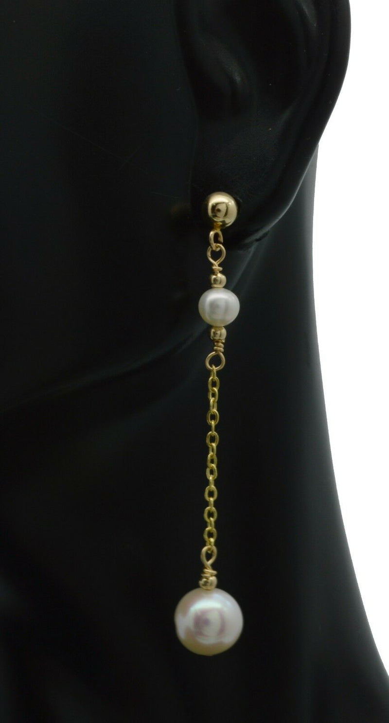 New 14K Solid Gold Cultured 7mm Pearl Drop/Dangle Earrings