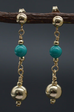 New 14K Solid Gold Natural Green Turquoise Bead Drop Earrings