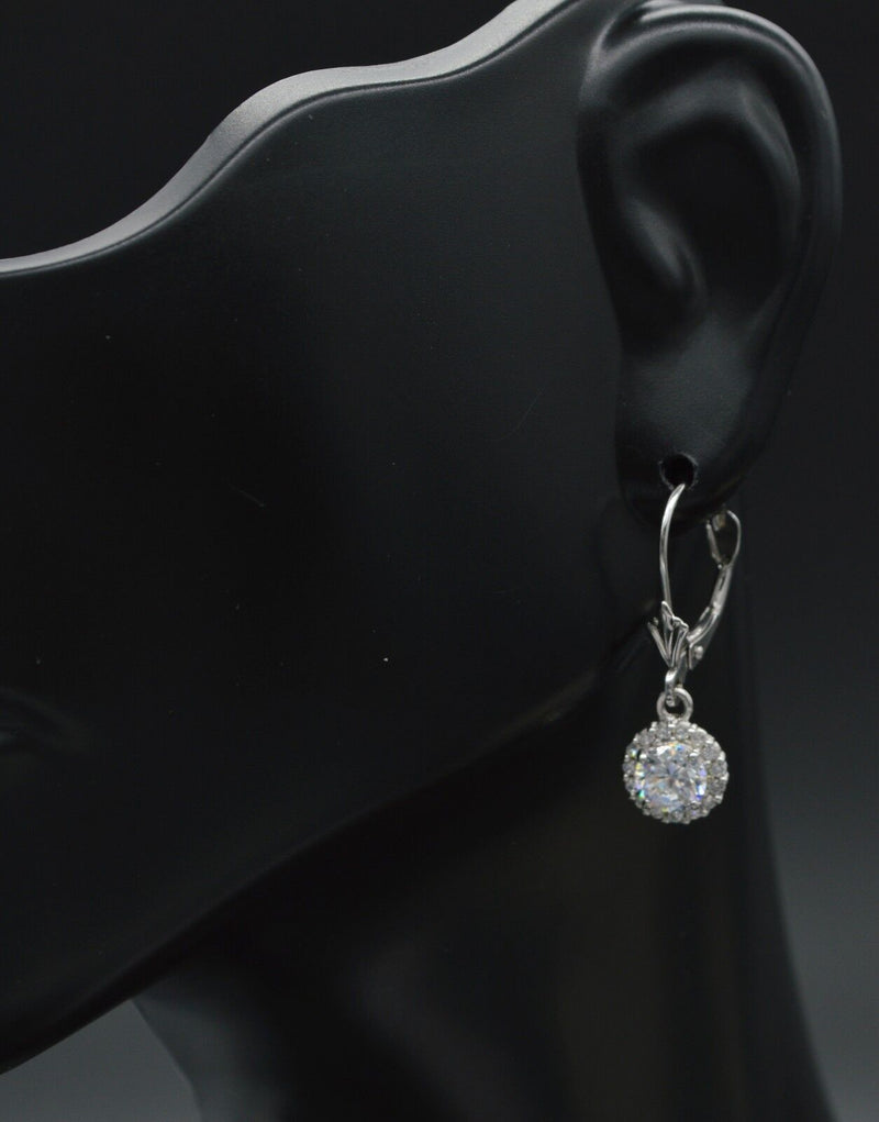 14K Solid White Gold  White CZ Round halo leverback Earrings