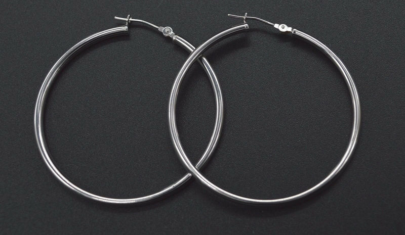 14K Solid White Gold Large Round Hoop Earrings   45MM x 1.5mm 2.1gr