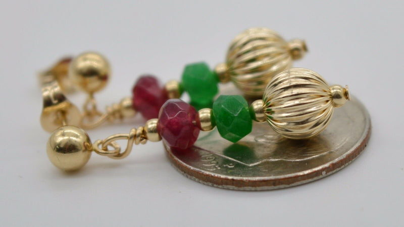 14K Solid Gold Corrugated Ball Bead, Ruby & Green Quartz Drop Earrings