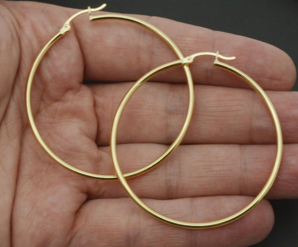 14k Solid Yellow Gold big Large High Polished hoop Earrings. 50mm x 2MM 3.2gr