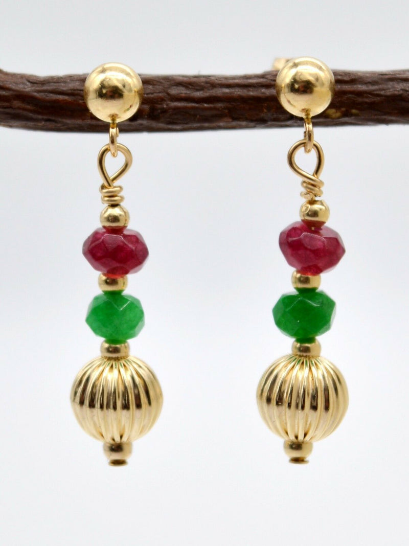 14K Solid Gold Corrugated Ball Bead, Ruby & Green Quartz Drop Earrings