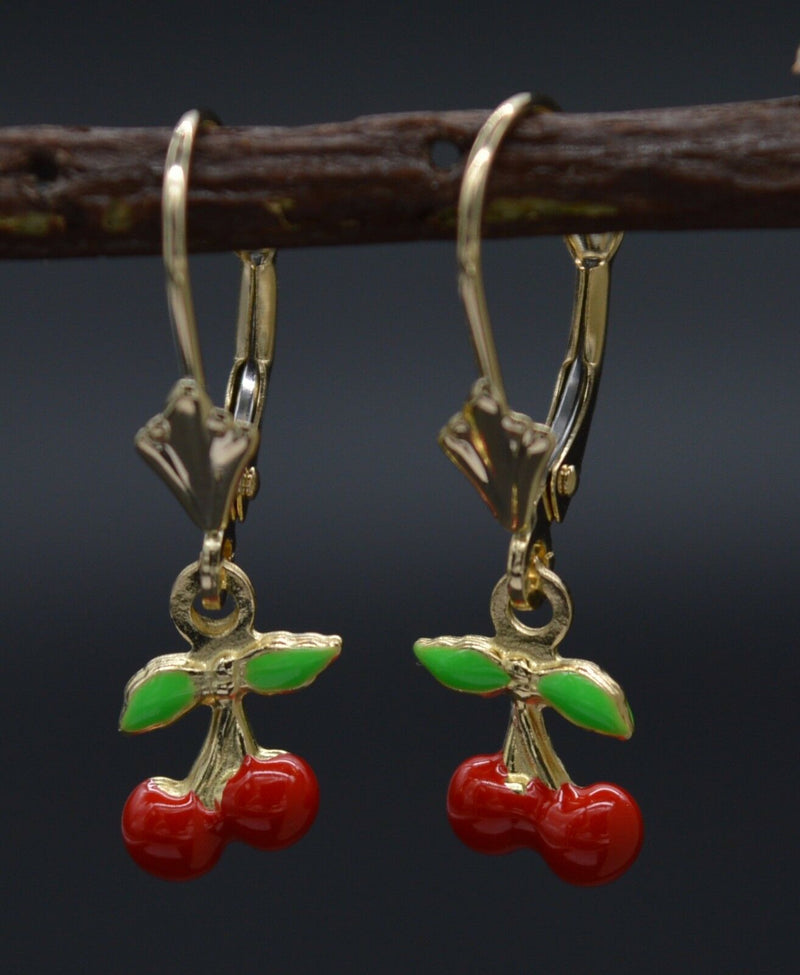 14K Solid Yellow Gold Enamel Cherries Dangle Leverback Earrings