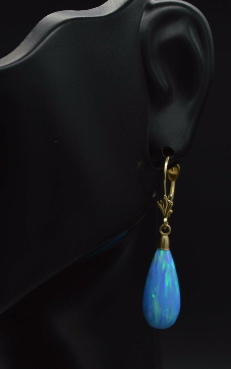 14K Solid Yellow Gold Tear Drop Blue Fire Opal Lever Back Dangle Earrings