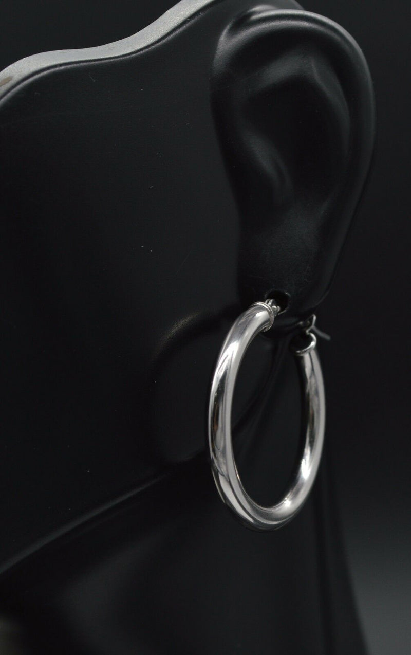 14k Solid White Gold Plain Round hoop Earrings. 25mm x2MM