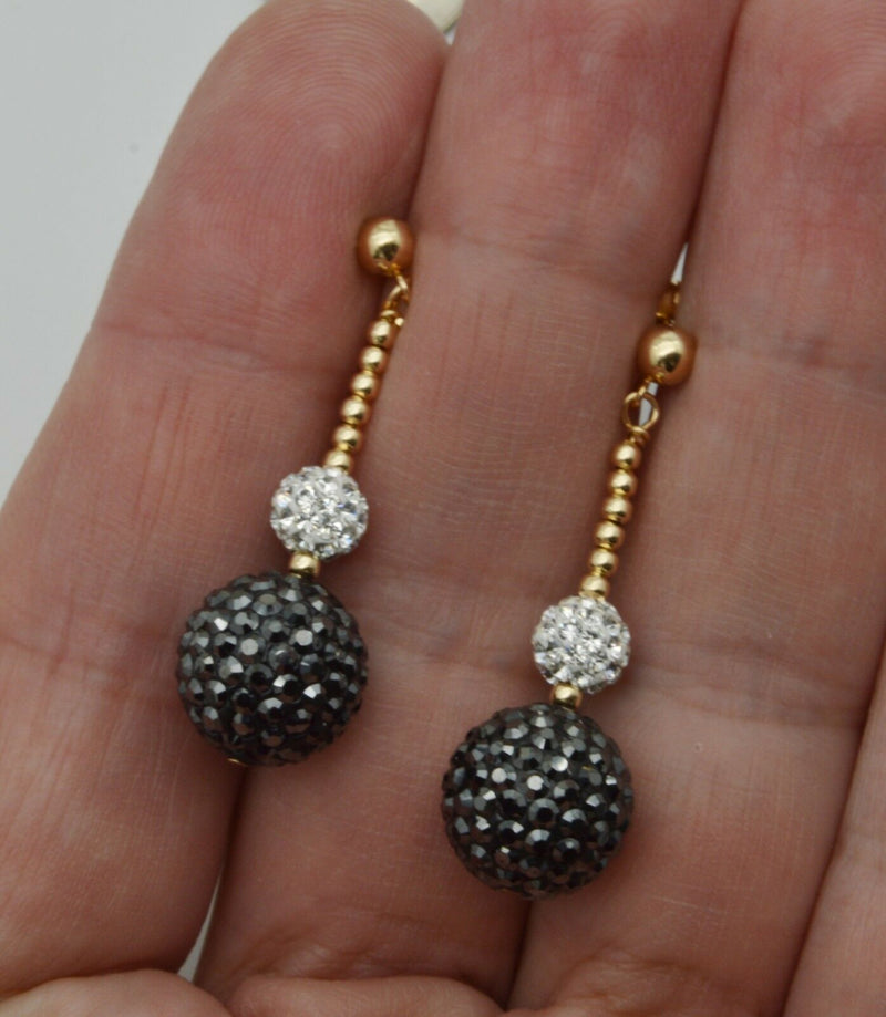 14k solid Yellow Gold 12mm and6mm Black &White Crystal Pave Ball Drop Earrings