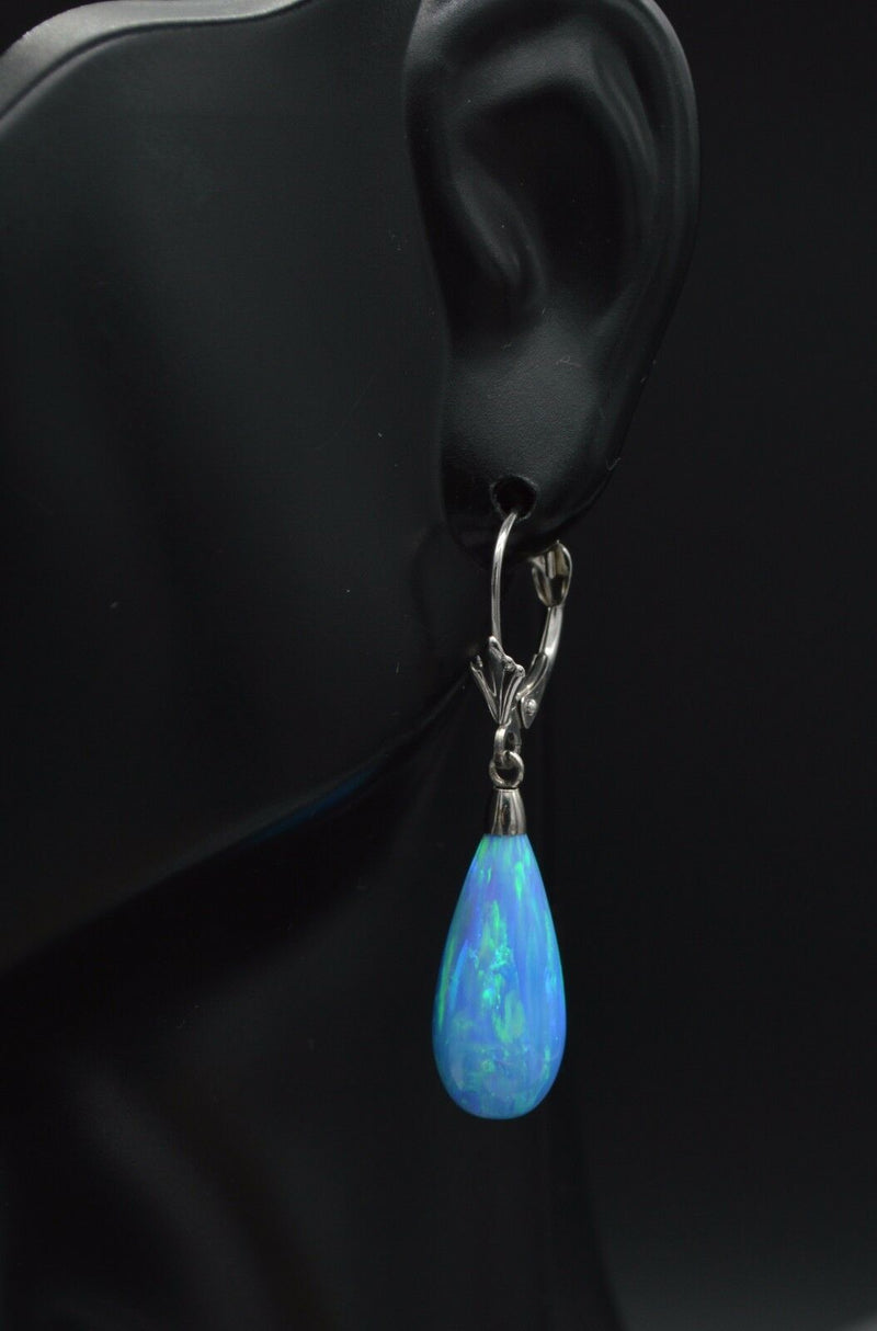 14K Solid White Gold Tear Drop Blue Fire Opal Lever back Dangle Earrings