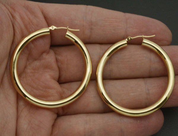 14k Solid Gold big Large hoop Plain Earrings 1.5''  40mm x4mm. 5.1gr