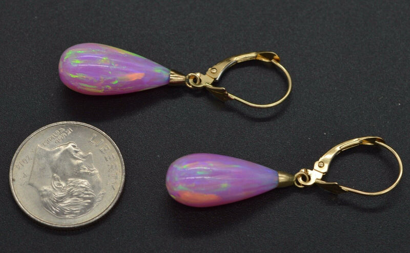 14K Solid Yellow Gold Tear Drop Pink Fire Opal Lever back Dangle Earrings 37mm