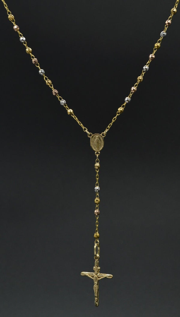 as50 14k Solid Tr-iColor Gold Rosary virgin Mary Jesus Cross Necklace 7.3 gr
