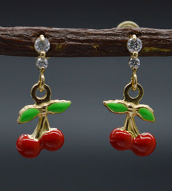 JM144 Enamel Cherries 14K Solid Yellow Gold Dangle CZ Screw-back Earrings