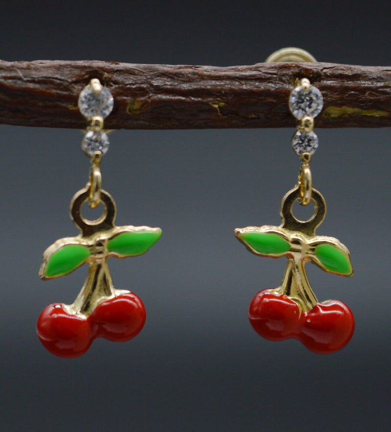 JM144 Enamel Cherries 14K Solid Yellow Gold Dangle CZ Screw-back Earrings