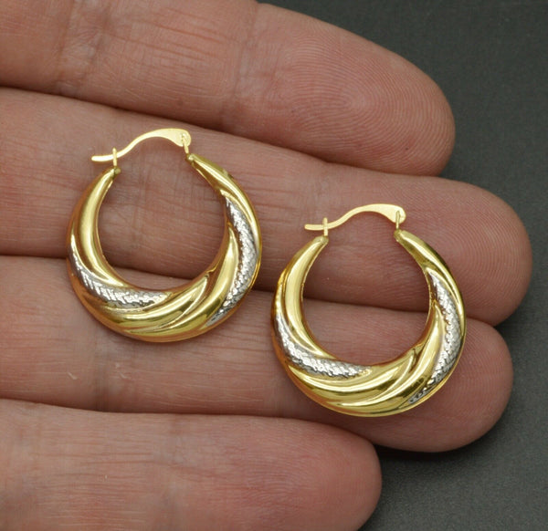 14k Solid  Yellow & White Gold Dia cut & Brushed Hoop Earrings.  Length 25MM