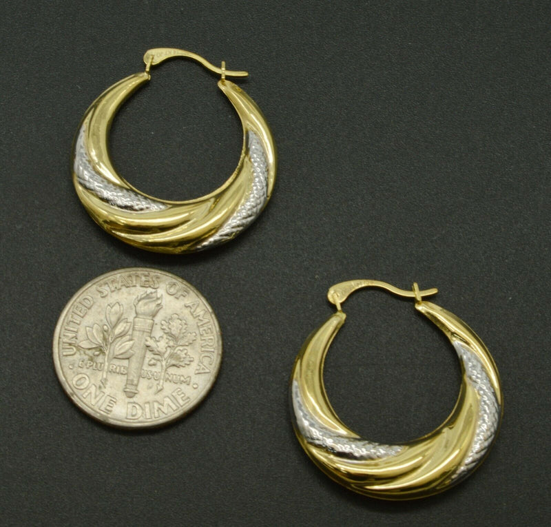 14k Solid  Yellow & White Gold Dia cut & Brushed Hoop Earrings.  Length 25MM