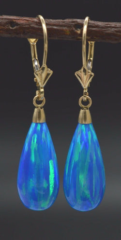 14K Solid Yellow Gold Tear Drop Blue Fire Opal Lever Back Dangle Earrings