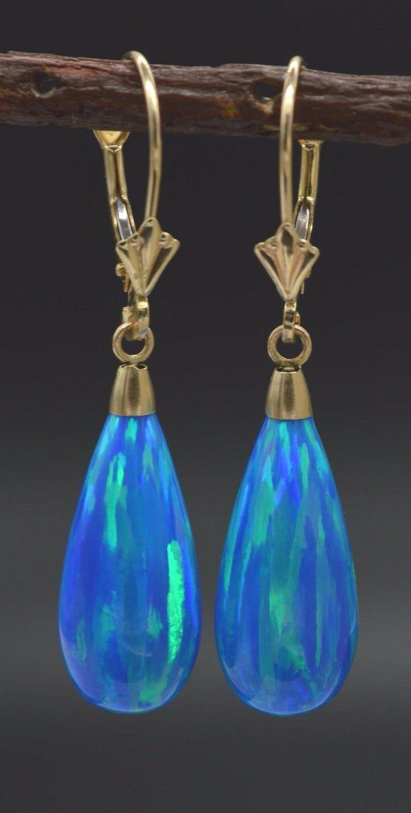 14K Solid Yellow Gold Tear Drop Blue Fire Opal Lever Back Dangle Earrings