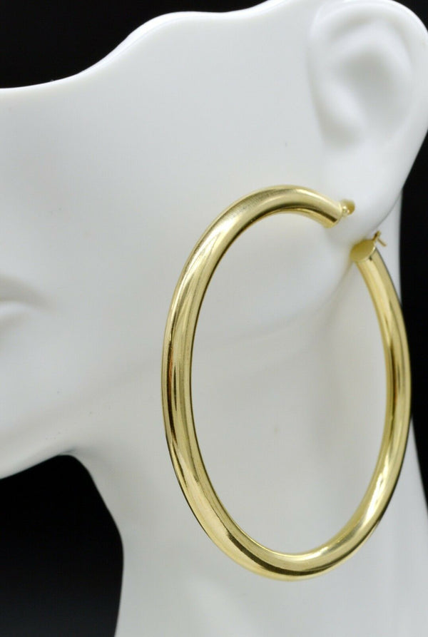 10k Solid Gold big Large hoop Plain Earrings 60mm x4mm 2.30''  6gr