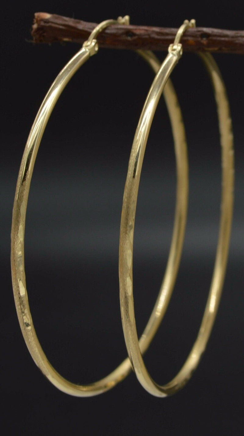 14k Solid Yellow Gold big Large hoop Diamond Cut Earrings. 70mm x2MM 4.2GR