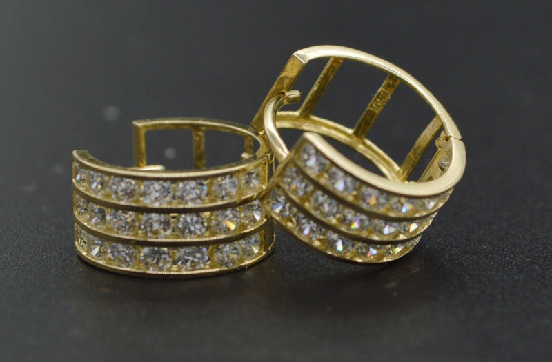 10k Solid Gold 3 row Channel-Set CZ Hoop Earrings 13mm.X7mm 2.60GR