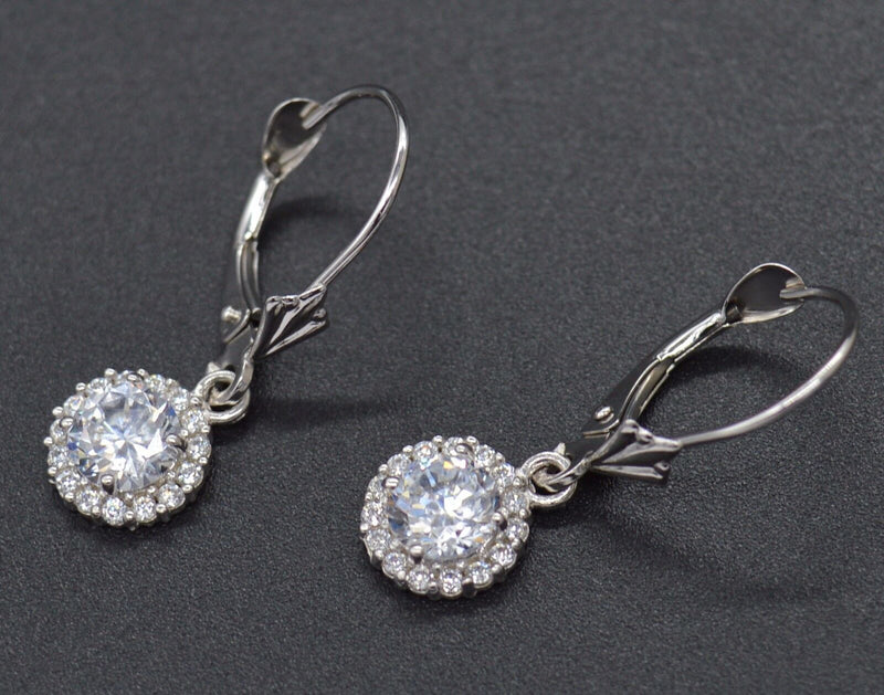 14K Solid White Gold  White CZ Round halo leverback Earrings