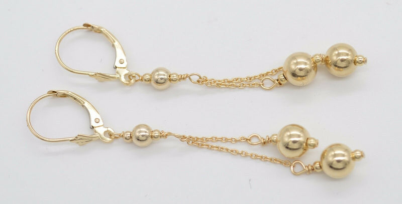 New 14K Solid Yellow Gold Round Double Bead Drop/Dangle Earrings