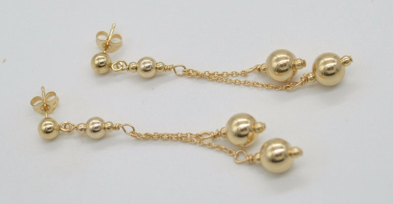 New 14K Solid Yellow Gold Round Double Bead Drop/Dangle Earrings