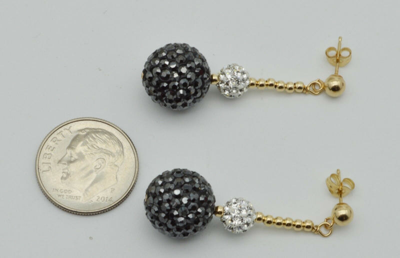 14k solid Yellow Gold 12mm and6mm Black &White Crystal Pave Ball Drop Earrings