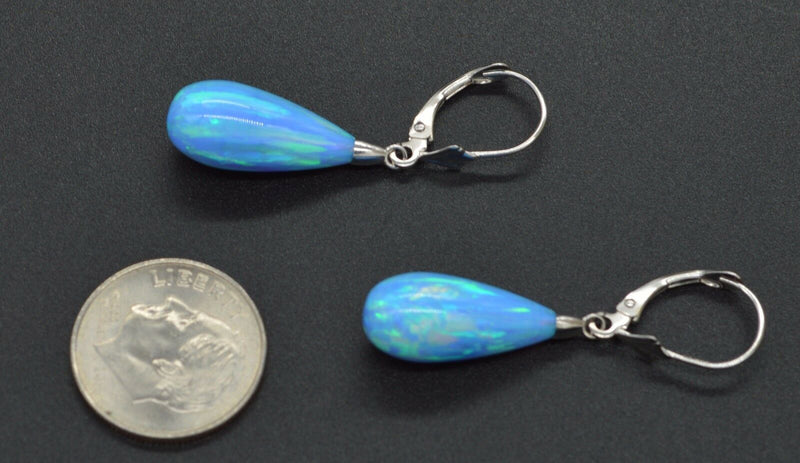 14K Solid White Gold Tear Drop Blue Fire Opal Lever back Dangle Earrings