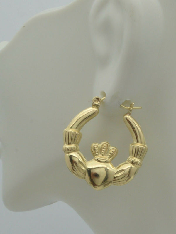 REAL 10K Yellow Gold 25mm Claddagh Hoop Earrings 2.8gr