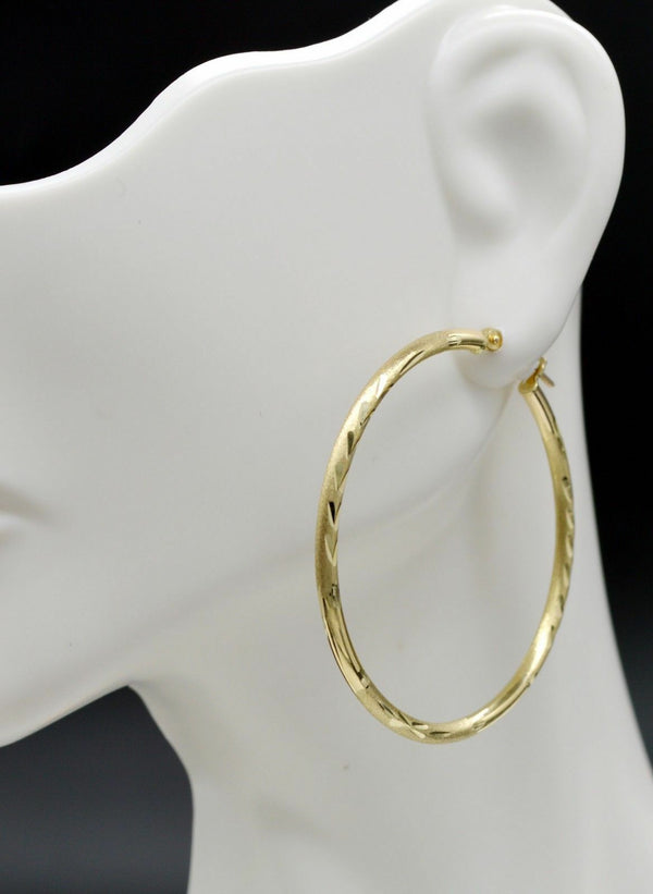 14k Solid Yellow Gold big Large hoop Diamond Cut Earrings. 45mm x2MM 2.6GR