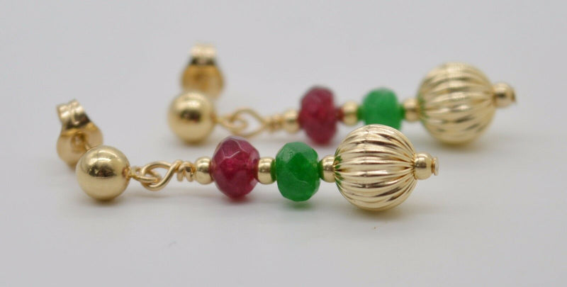 14K Solid Gold Corrugated Ball Bead, Ruby & Green Quartz Drop Earrings