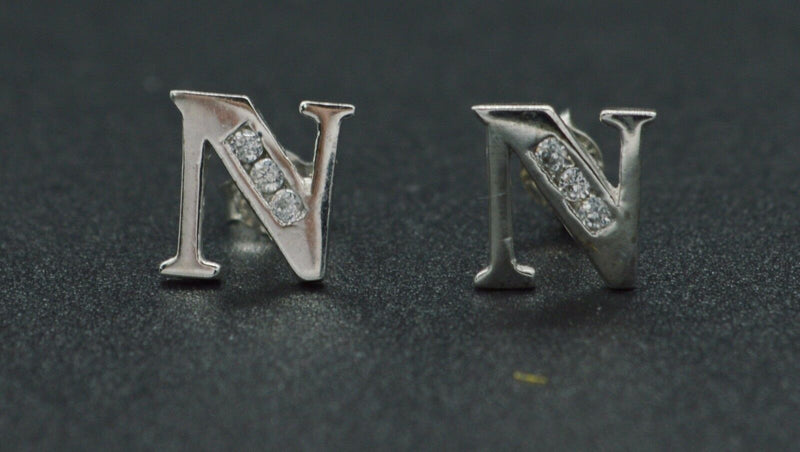 JM173 14k Solid White Gold Initial Letter 6.5mm (N) Stud Earrings Available A-Z