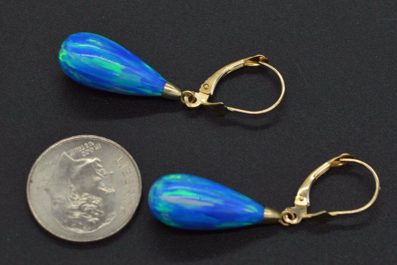 14K Solid Yellow Gold Tear Drop Blue Fire Opal Lever Back Dangle Earrings